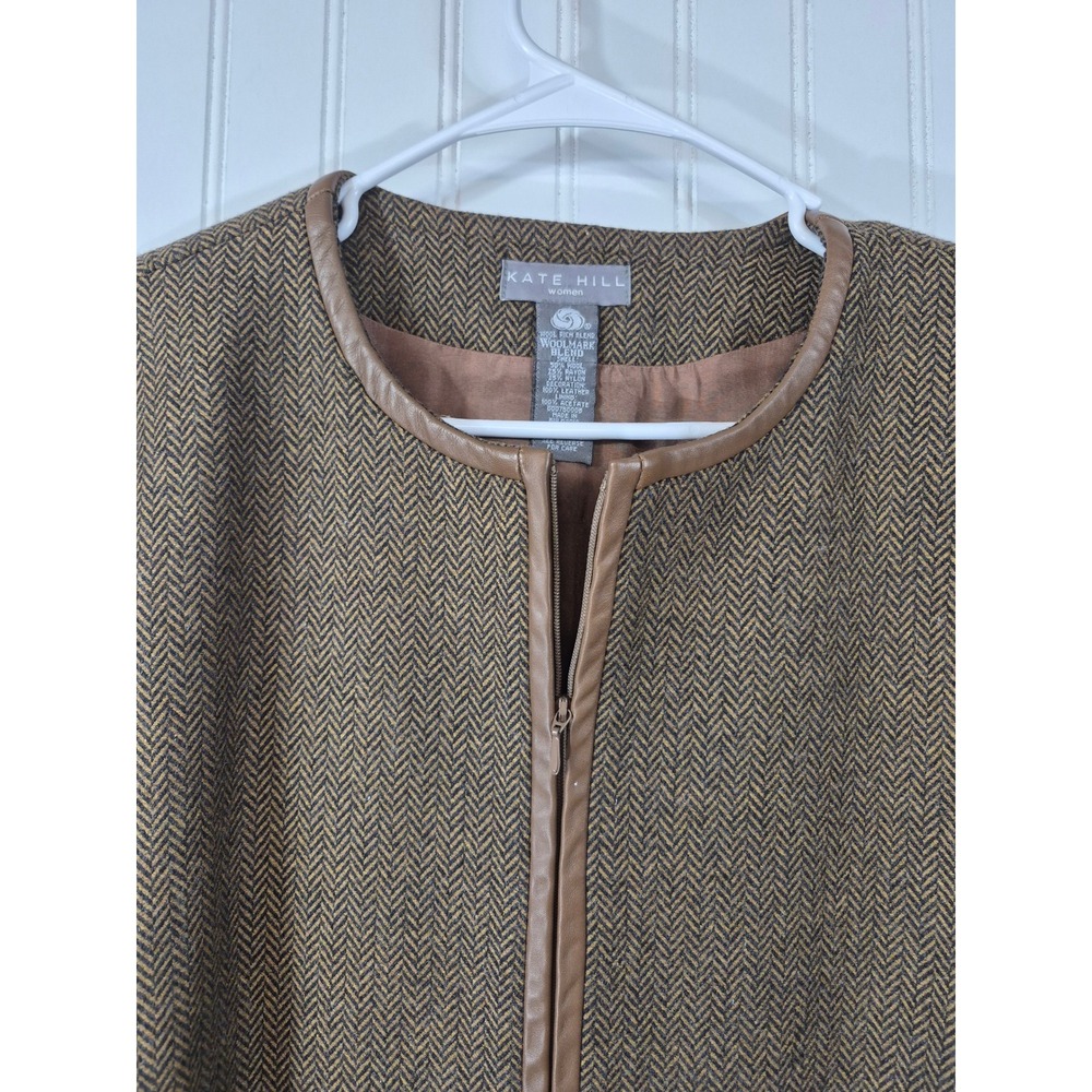 Kate Hill Women Brown Herringbone Wool Blend Leather Trim Zip Blazer Jacket 20W - Picture 3 of 9